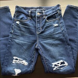 American Eagle Outfitters Women's Dark Blue Ripped Skinny Jeans